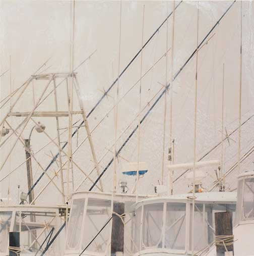 Architectural maritime art with minimal fishing boat masts set against a soft, pale sky