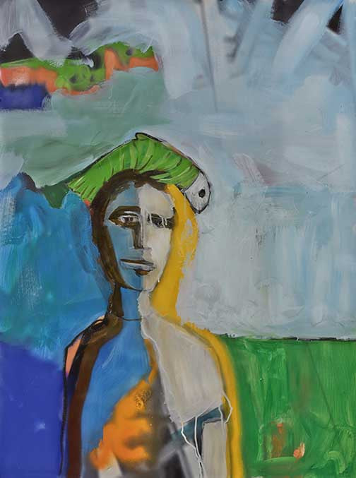 surreal figurative artwork with fish-like form and bold aquatic colors, part of a two-piece set