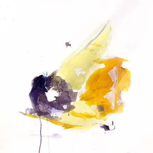 Minimal floral abstract art with golden yellow and deep violet watercolor-like layers, suggesting petals in motion