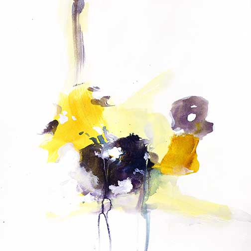 Expressive floral abstract art with sunlit yellow and violet pigments drifting across a white background