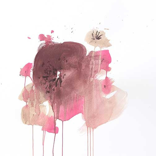 Abstract floral wall art with translucent blush, rose, and mauve petals drifting and dripping gracefully