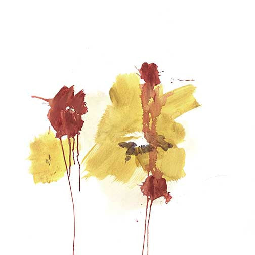 Bold contemporary abstract painting with expressive ochre and crimson brushstrokes suggesting floral energy