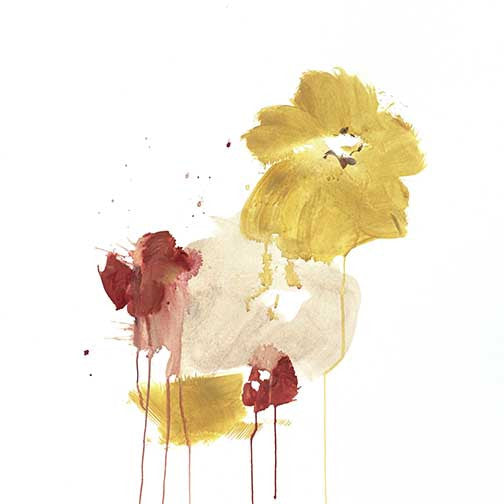 Floral-inspired abstract painting with fluid ochre and crimson hues and expressive dripping details