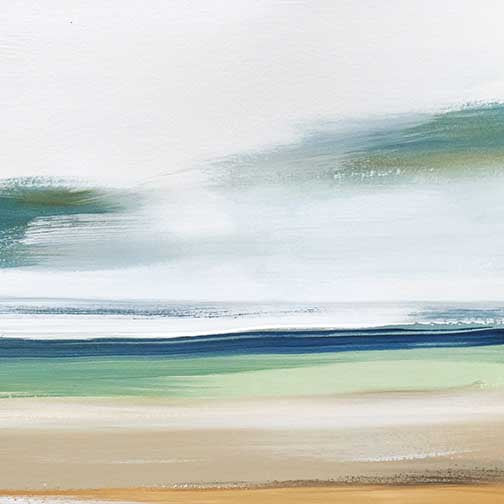 Abstract seascape painting with muted blues, greens, and sandy beige tones in soft, layered brushstrokes