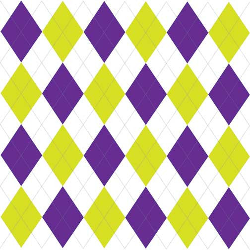 Contemporary argyle pattern art with alternating chartreuse and purple diamonds on a crisp white background