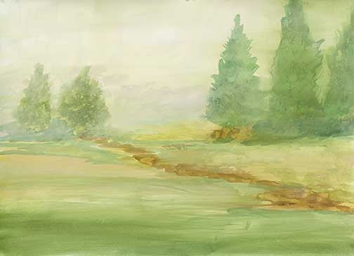 Soft landscape watercolor painting of a grassy meadow and tall trees fading into mist, with gentle brushstrokes and earthy tones