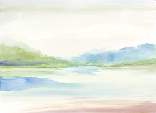 Ethereal abstract landscape art with translucent layers of soft green, pale blue, and lavender evoking a calm horizon