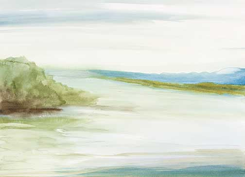 Minimal abstract landscape art with soft washes of green, blue, and ivory suggesting calm water and land