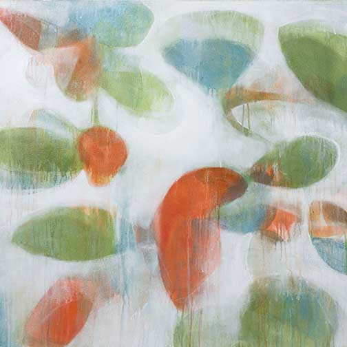 Vibrant abstract botanical art with overlapping green, coral, and blue organic shapes and soft translucent drips