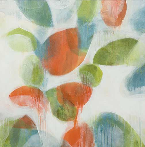 Fluid abstract botanical painting with layered leaf-like forms in green, orange, and cerulean with drips and transparent textures