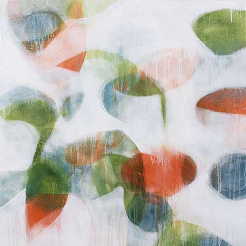 Dreamy botanical abstract art with translucent layers of coral, green, and blue forming soft, floating shapes
