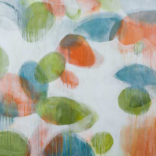 Organic abstract botanical artwork with overlapping green, blue, and tangerine ovals and translucent drips