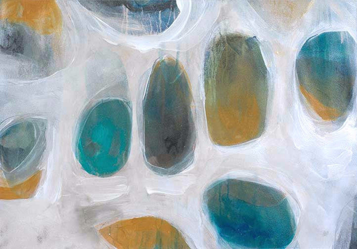 Modern abstract oval art with teal, ochre, and charcoal shapes floating on a misty white field with glowing, painterly edges