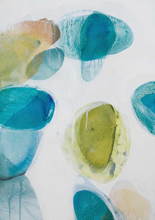 Fluid abstract oval painting with translucent ovals in aqua, citron, and golden sand with soft layers and delicate drips