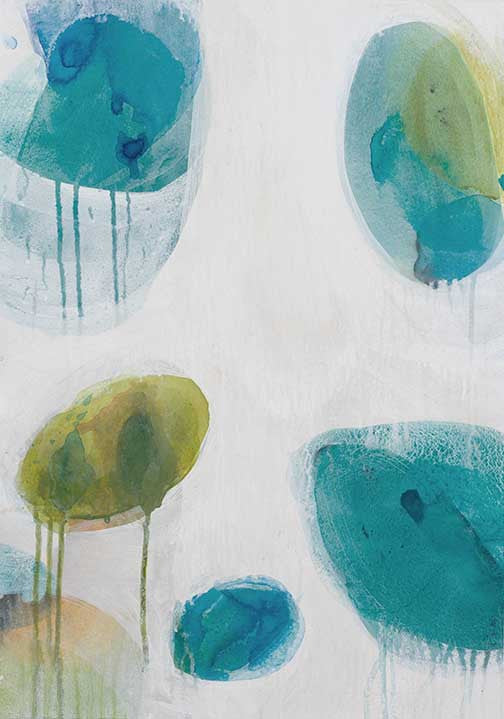 Serene abstract oval painting with sea-toned ovals in turquoise, jade, and olive, featuring drips and soft negative space