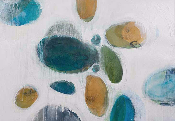 Organic abstract oval artwork with layered ovals in teal, ochre, moss, and seafoam on a pale background