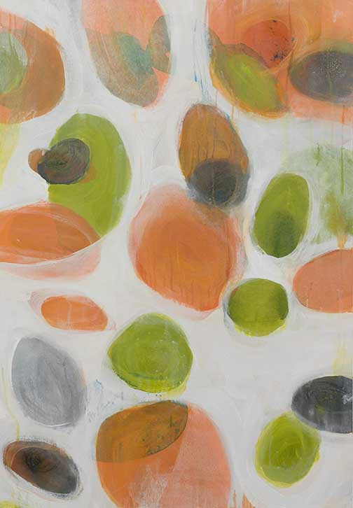 Modern botanical abstract art with citrus-toned ovals in tangerine, chartreuse, and charcoal on a soft white background