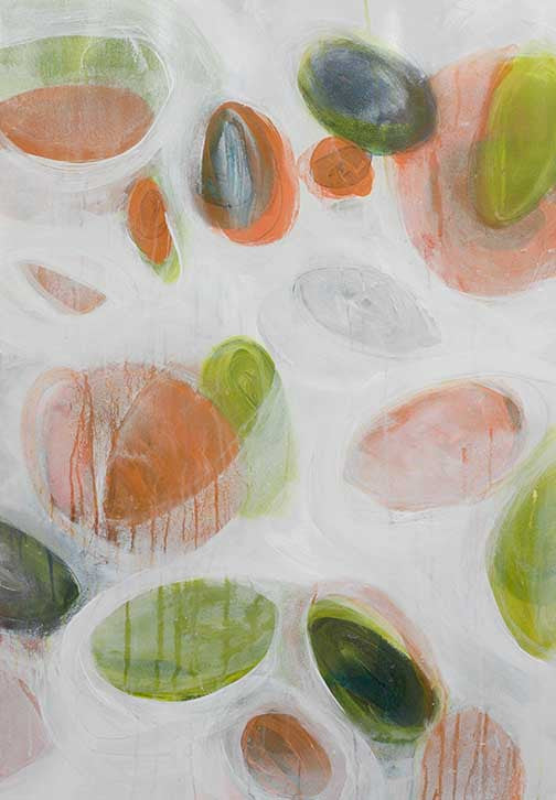 Organic abstract nature painting with layered shapes in orange, green, and gray with soft drips and translucent textures
