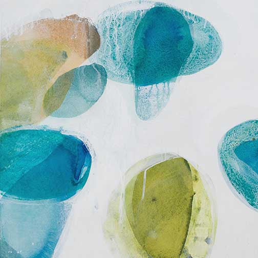 Fluid organic abstract wall art with overlapping shapes in aqua, teal, and chartreuse, with soft watercolor textures