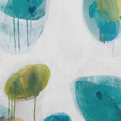 Fluid abstract watercolor wall art with soft shapes in turquoise, aqua, and mossy green, featuring gentle drips and layered textures