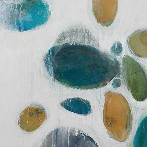 Expressive organic abstract art with rich teal, ochre, and green shapes layered with delicate drips and translucent textures