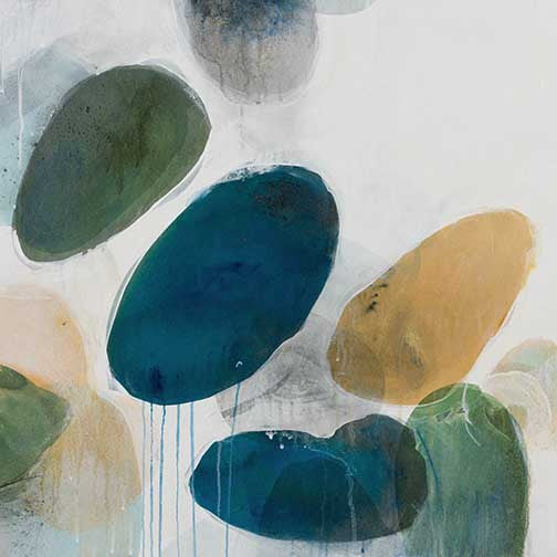 Sophisticated organic abstract art with layered teal, olive, and ochre forms and delicate watercolor drips