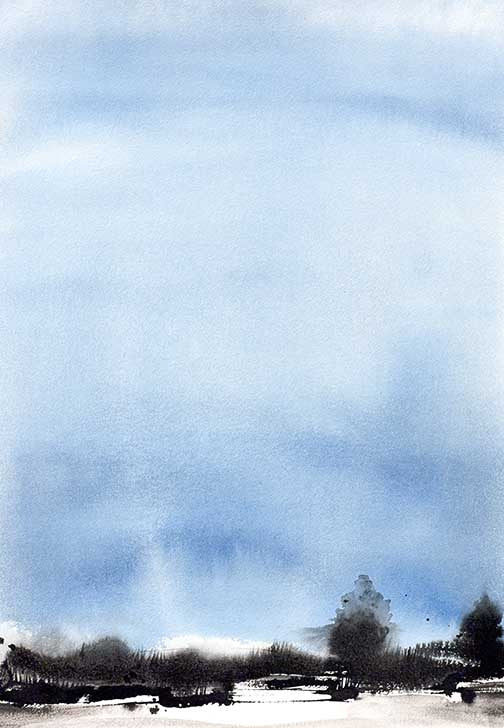 Minimalist watercolor landscape art with soft sky-blue washes and bold black accents on a clean, atmospheric background