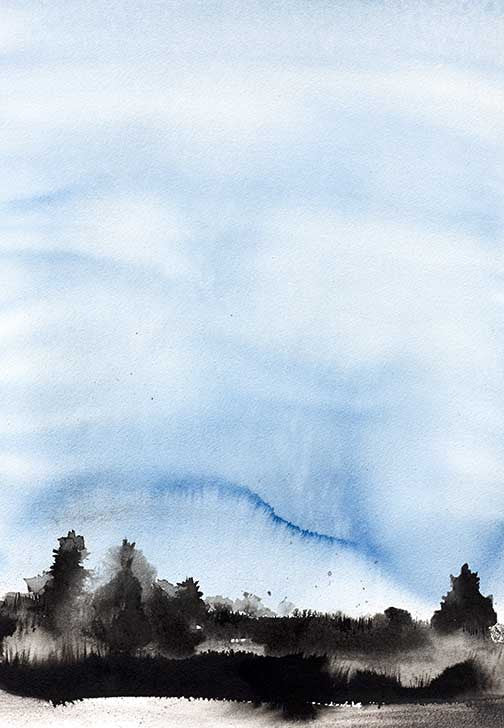 Expressive watercolor landscape art with soft blue sky layers and dramatic black silhouettes, abstract and atmospheric