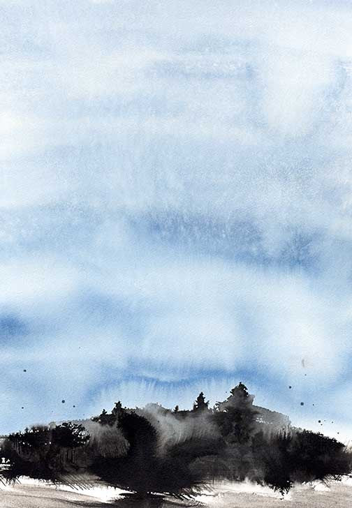 Minimalist watercolor landscape painting with expansive sky-blue washes and bold black silhouettes, abstract and atmospheric