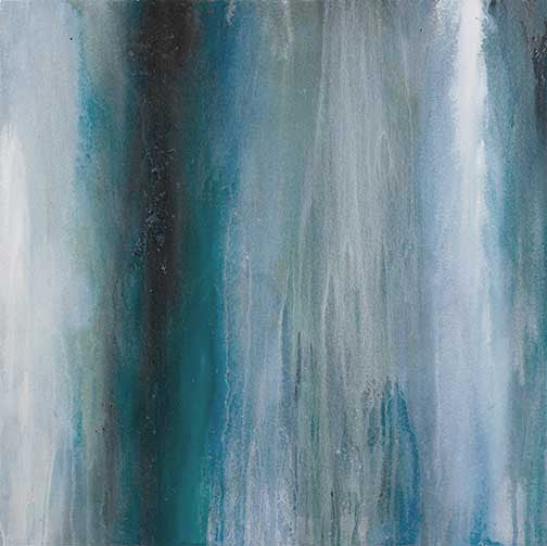 Abstract waterfall wall art with vertical brushstrokes in teal, turquoise, and moody grey-blue evoking cascading water