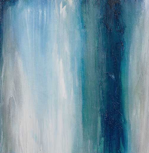 Modern waterfall abstract painting with vertical cascades of luminous blue, tranquil turquoise, and soft grey