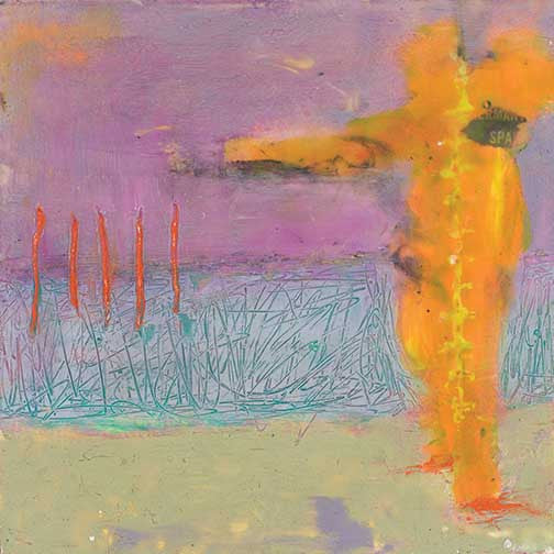 Vivid orange and lavender abstract art with bold textures and dynamic, expressive forms