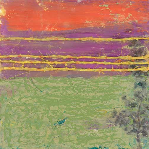 Expressive abstract landscape painting with vivid orange, lavender, green, and textured golden-yellow lines