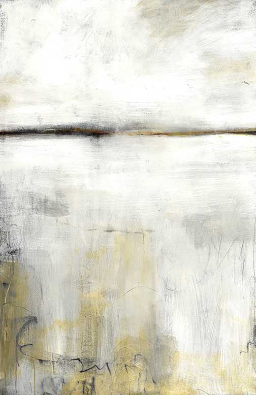 Minimalist abstract landscape painting with ivory, grey, and ochre in refined, expressive brushwork