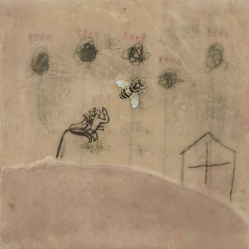 Whimsical mixed-media artwork with bee, abstracted trees, and earthy textured tones