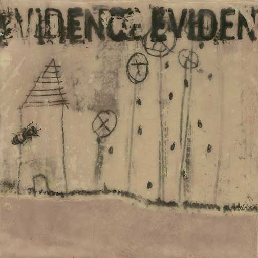Playful mixed-media artwork with bee, whimsical trees, earth tones, and the word “Evidence”