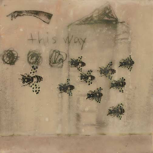 Whimsical mixed-media artwork with bee illustrations, “this way” sign, and earth tones