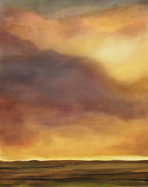 Evocative landscape painting with gold, amber, and purple dramatic sky