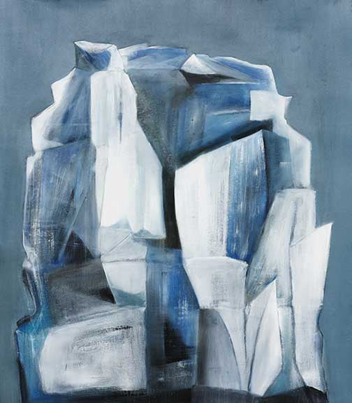 Bold abstract painting with deep blue, white, and grey geometric shapes on muted background