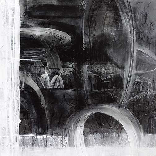 Striking abstract painting with black-and-white contrasts, textured surfaces, and dynamic brushwork