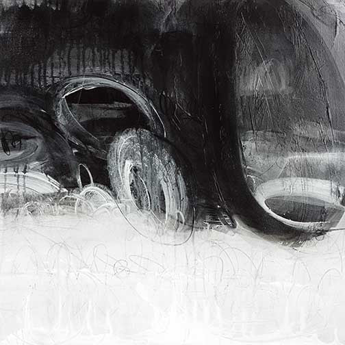 Dynamic abstract artwork with black-and-white contrasts, fluid brushstrokes, and layered textures