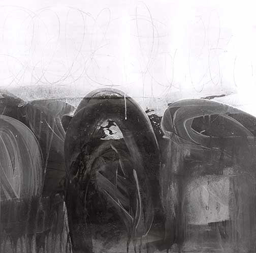 Bold abstract painting with black-and-white tones, expressive curves, and fluid textures