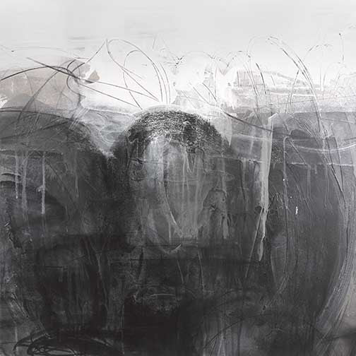 Expressive abstract painting with black, grey, and white tones, layered textures, and bold brushstrokes