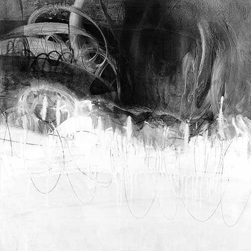 Dynamic abstract painting with deep black and luminous white contrasts, fluid textures, and expressive brushwork