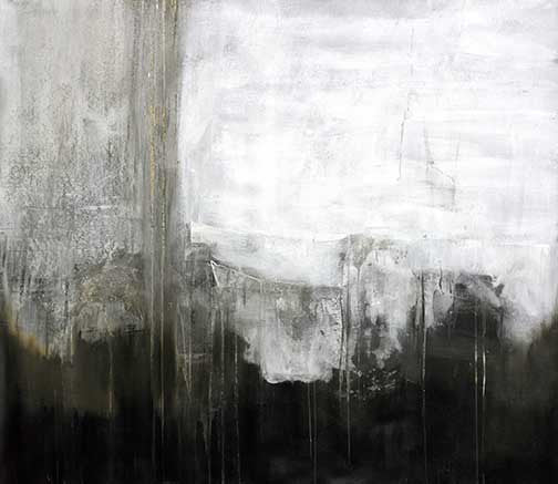 Evocative abstract painting with black, white, and grey tones, fluid textures, and soft drips