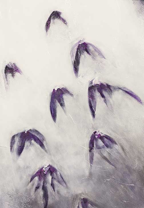 Ethereal abstract artwork with purple bird-like forms emerging from a misty background