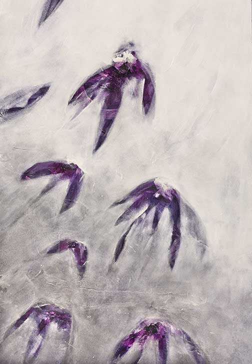 Graceful abstract painting with purple bird-like forms and misty background