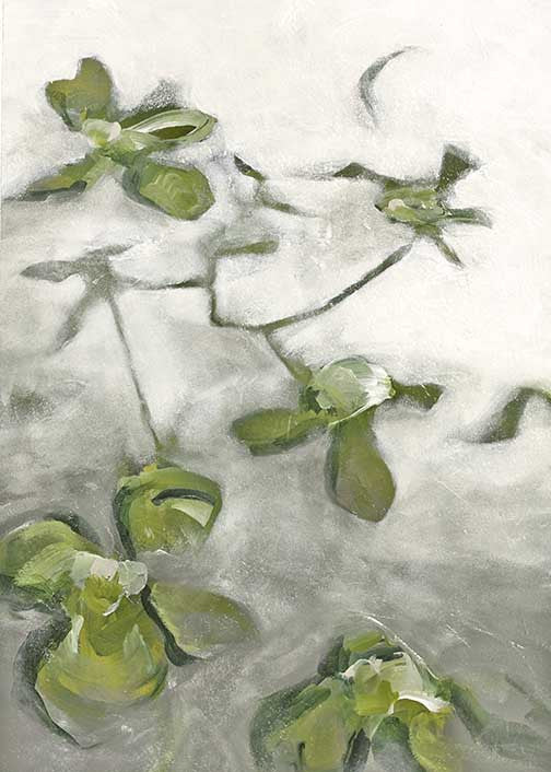 Delicate abstract painting with soft green botanical forms on a misty background