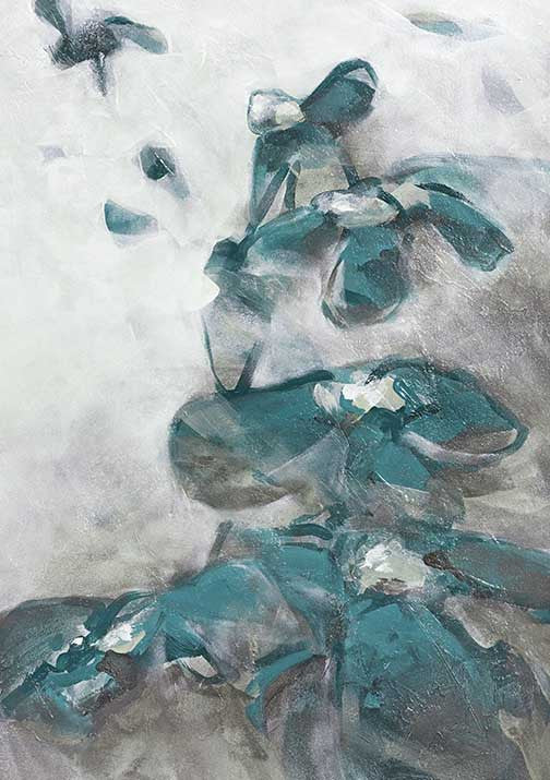 Dreamlike abstract painting with teal botanical forms on a misty white and gray background
