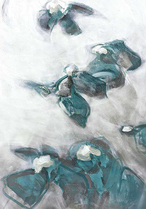 Lush abstract painting with teal floral forms on a soft, misty background